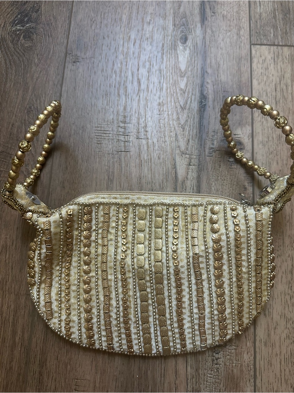 Handicraft Gold Beaded Potli Bag, Vintage Inspired Accents, Lotus Clutch, 11"x7" - Picture 5 of 15